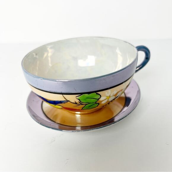 Vintage Lavender & Peach Iridescent Hand Painted Teacup & 2 saucers Japanese - Picture 2 of 15